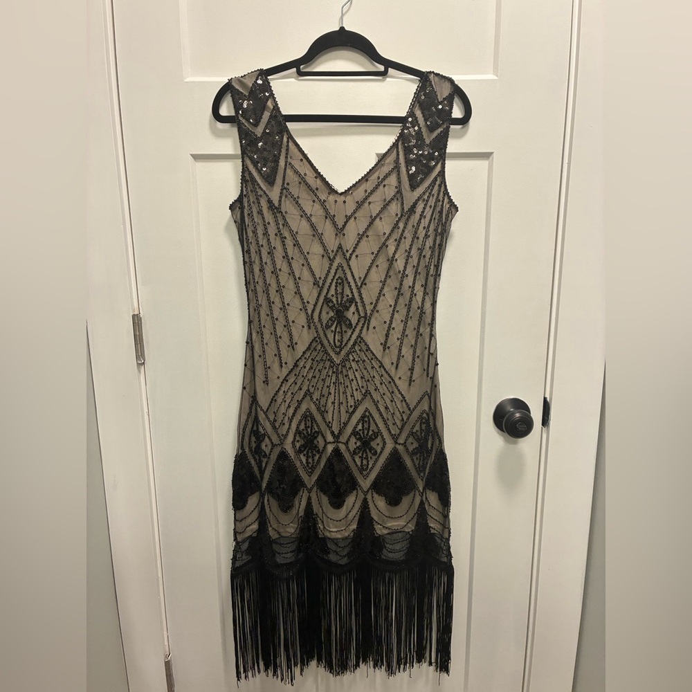 Unique Vintage Black and Silver Sheath Mini Dress